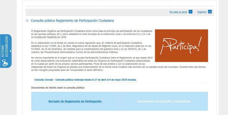 Espacio web municipal sobre la Consulta pública del reglamento de Participación Ciudadana