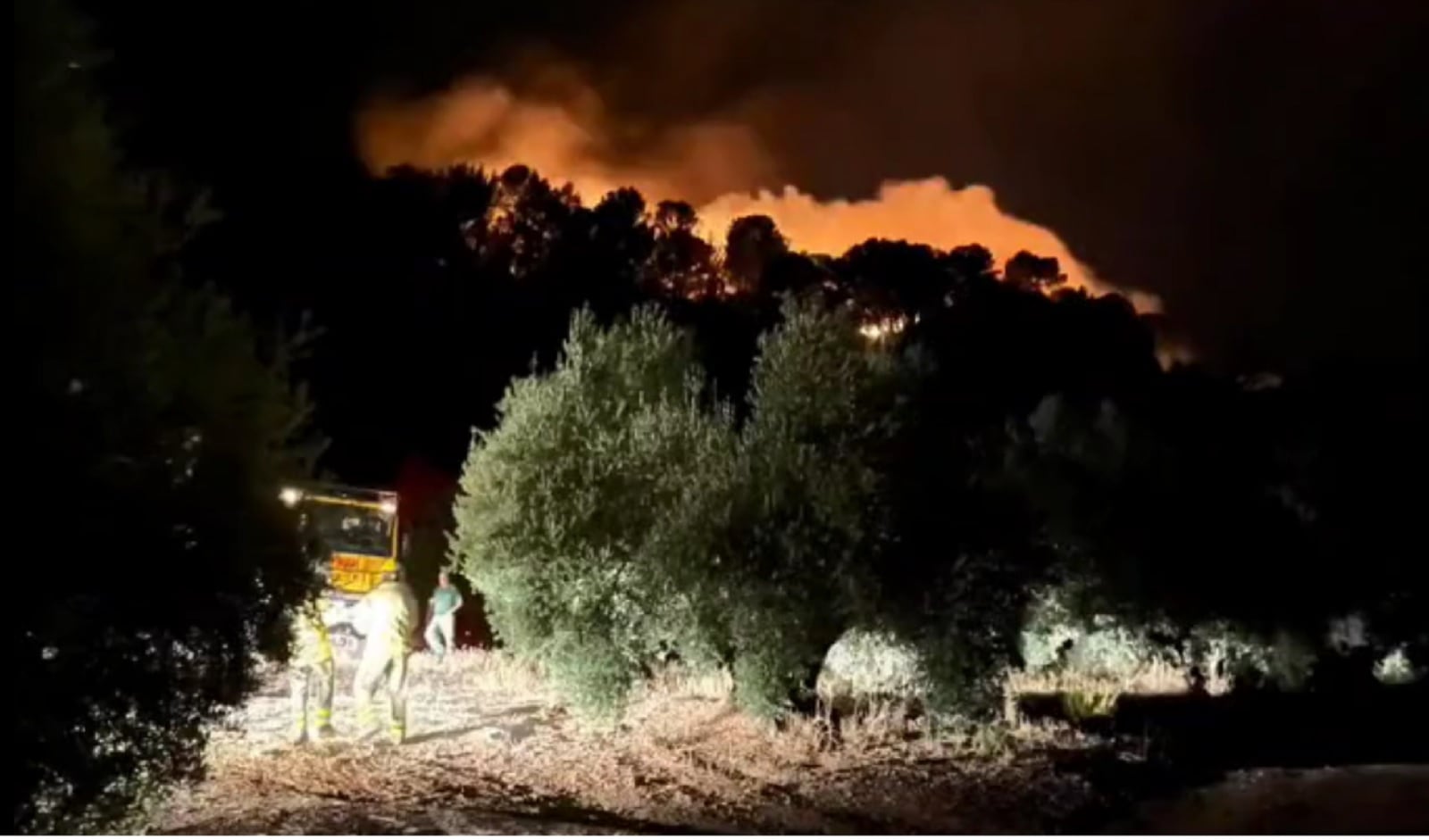 Los efectivos del Plan Infoca trabajan durante la noche en el terreno del incendio de Benatae