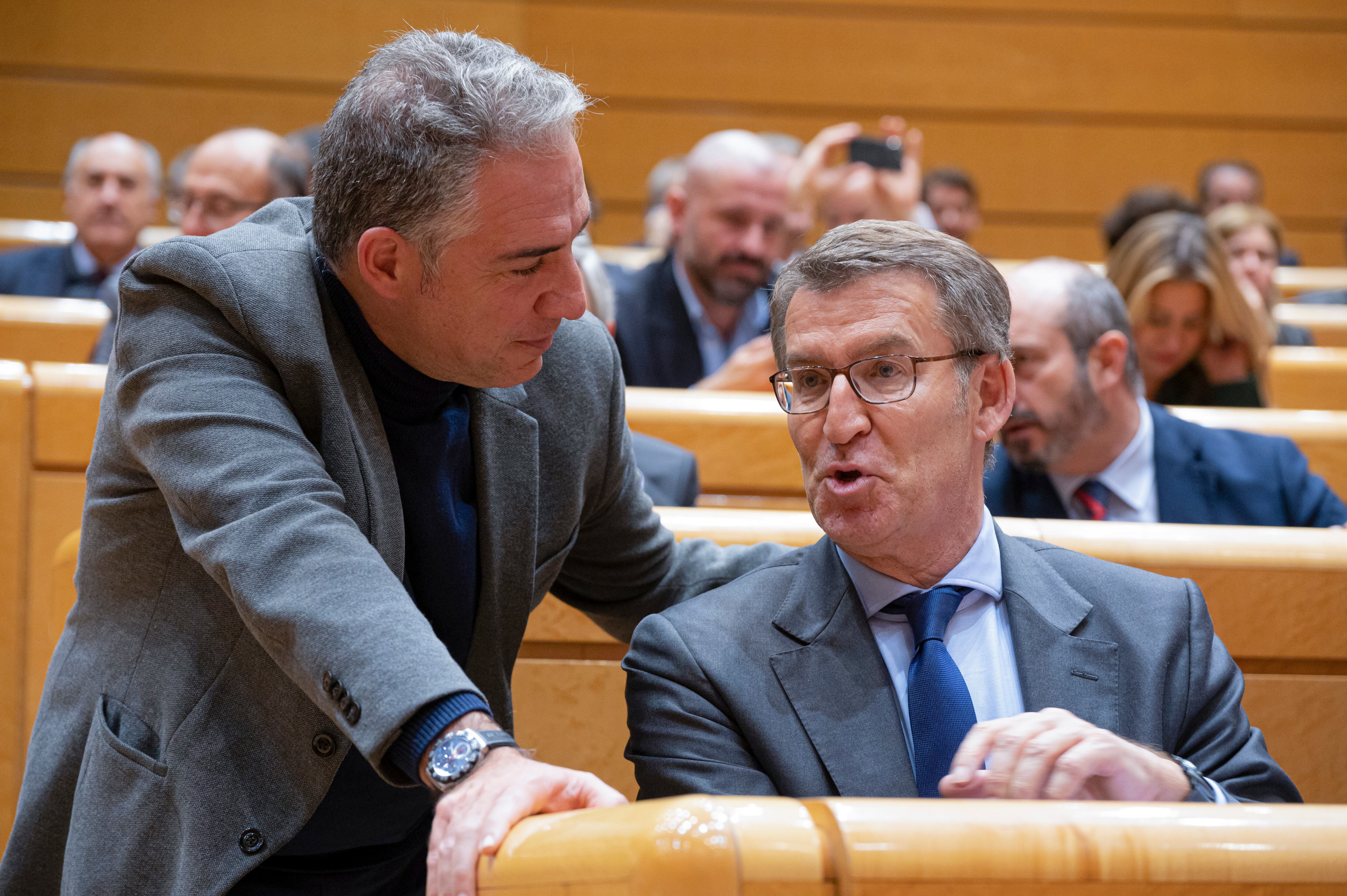 El líder del Partido Popular, Albero Núñez Feijóo, y Elías Bendodo en el Senado