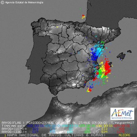 Mapa de los rayos registrados durante la mañana