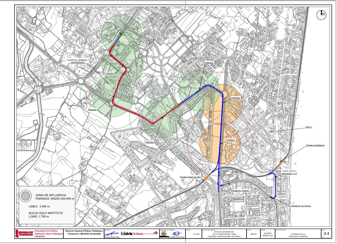 Alternativa 2A de la futura línea del TRAM hacia Sant Joan d&#039;Alacant y Mutxamel