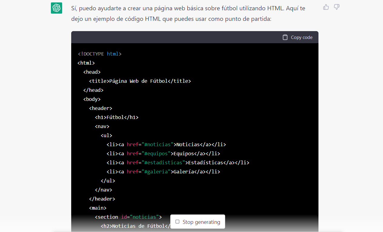 Chat GPT te ayuda a crear una página web básica.