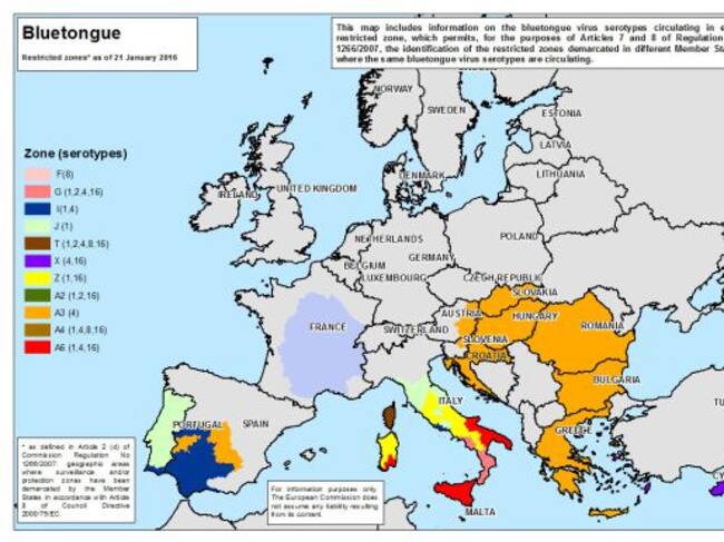 Mapa de la presència de la malaltia de la llengua blava.