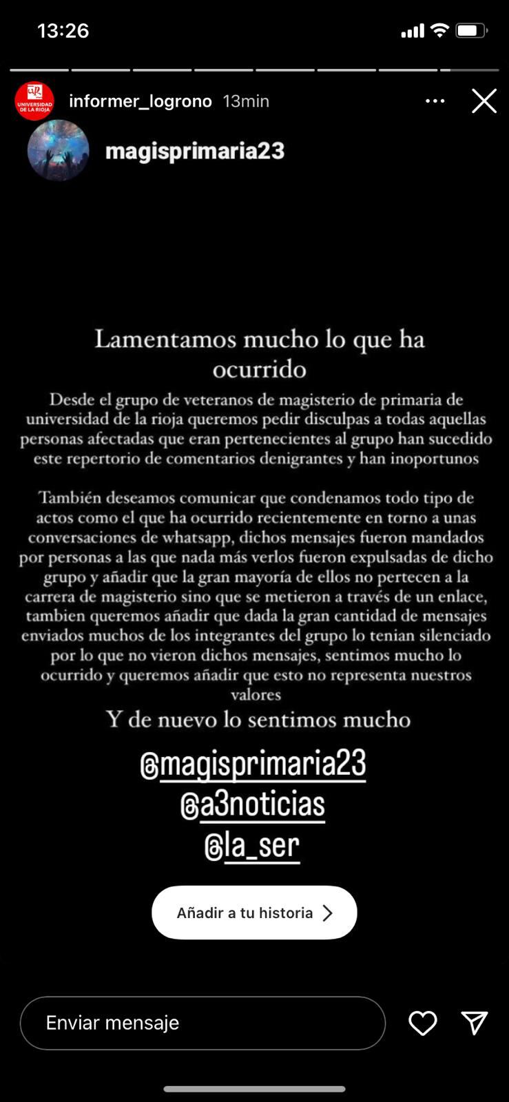 Las disculpas de los estudiantes de Magisterio de la UR que participaron en el chat con comentarios sexistas y machistas