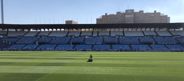 Los jardineros del club daban los últimos retoques al nuevo césped de La Romareda