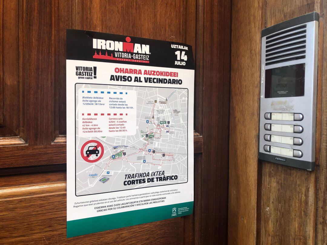 Aviso a los vecinos de los cortes de tráfico por la celebración del Ironman