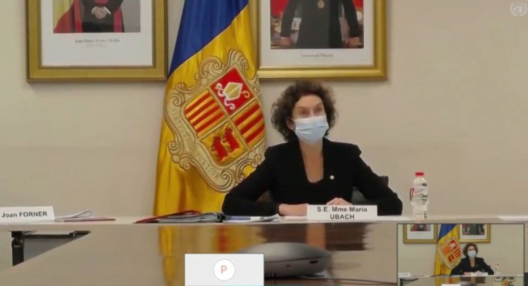 La ministra d&#039;Exteriors, Maria Ubach, durant la seva intervenció via telemàtica a la 36a sessió del Consell de Drets Humans de l&#039;ONU.