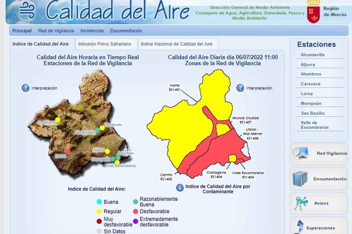 Mapa de calidad del aire en la Región