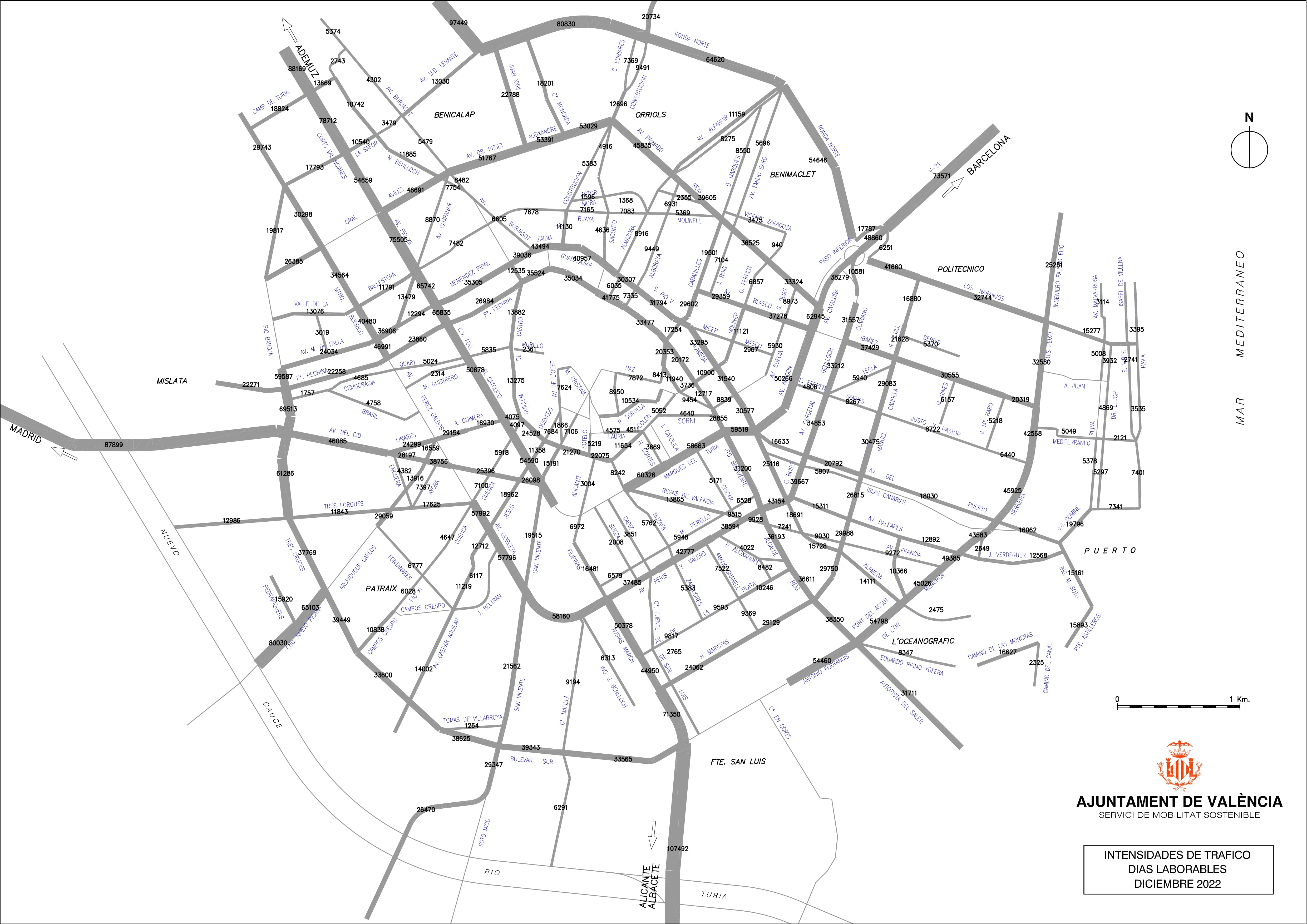 Intensidad circulatoria diaria en València en diciembre de 2022