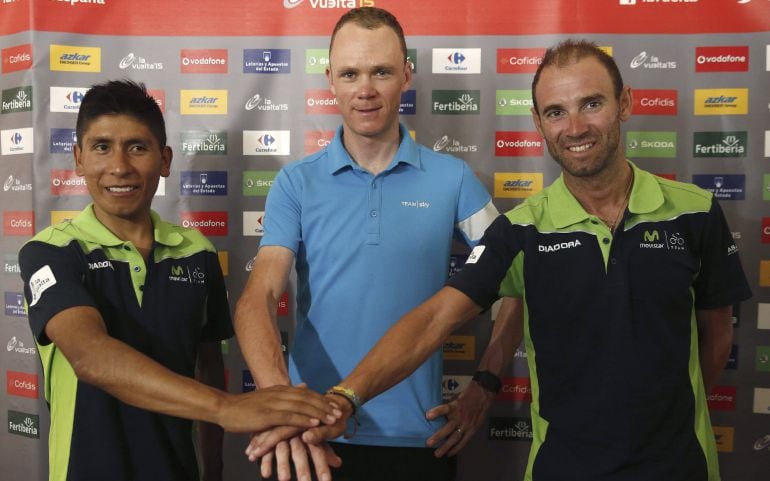 Nairo Quintana, Chris Froome y Alejandro Valverde en la presentación de los equipos que tomarán parte en la Vuelta a España 2015.