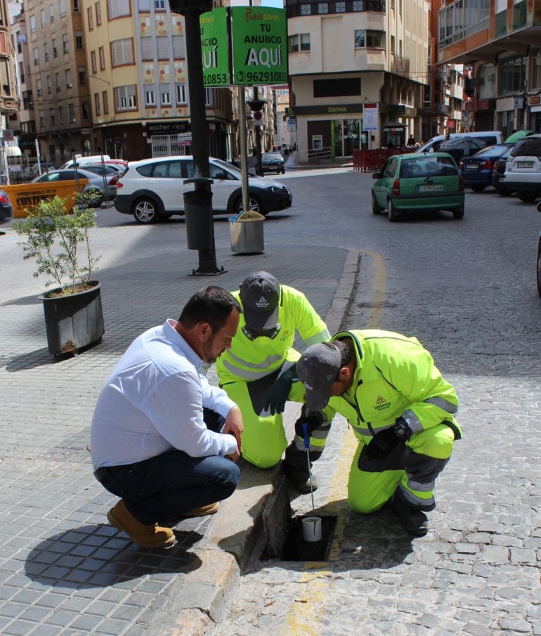 Operarios del consistorio iniciando los trabajos contra los mosquitos en la localidad.