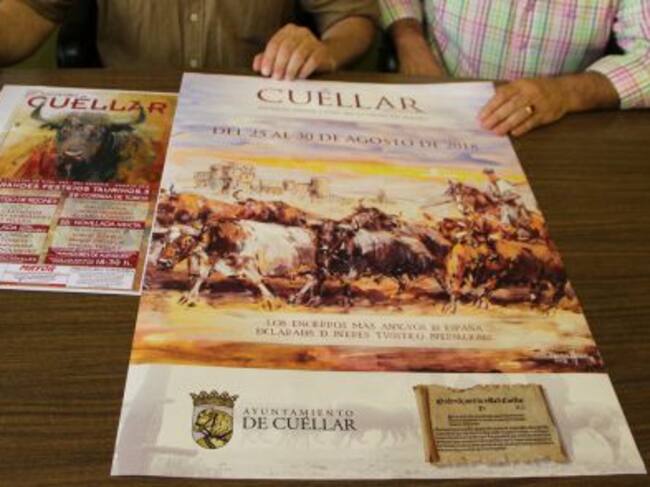 Imagen del cartel anunciador de las fiestas de 2018, es un óleo sobre tabla de Lope Tablada que representa los encierros por el campo con el castillo de fondo