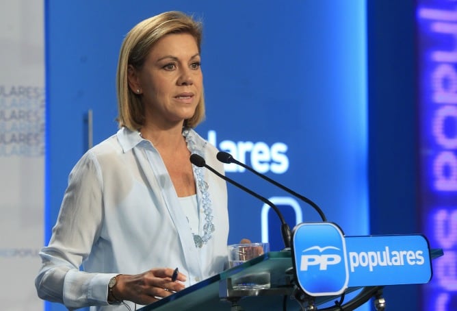 La secretaria general del PP, María Dolores de Cospedal, durante la rueda de prensa que ha ofrecido tras la reunión del comité de dirección del partido