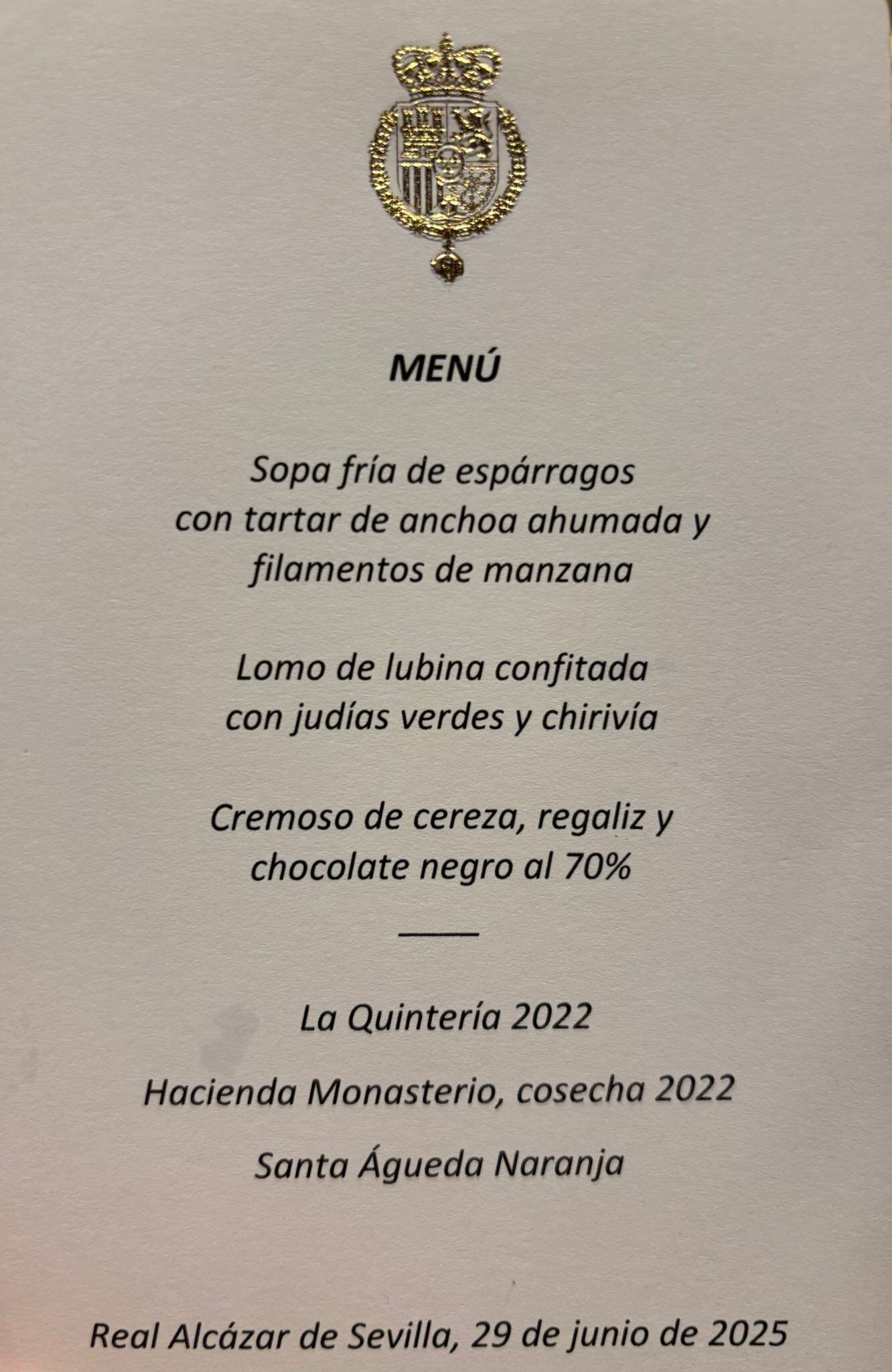 Menú ofrecido por Casa Robles en la cena que ofrecieron los Reyes de España en el Alcázar con motivo de la Cumbre de la ONU