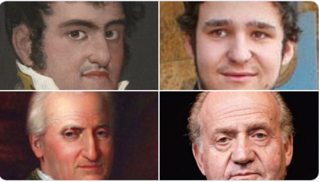 A la izquierda, arriba, Fernando VII en el retrato que de él pintó Goya en 1814; debajo su padre, Carlos IV; arriba a la derecha Felipe Juan Froilán y debajo su abuelo, el Rey emérito Juan Carlos I.