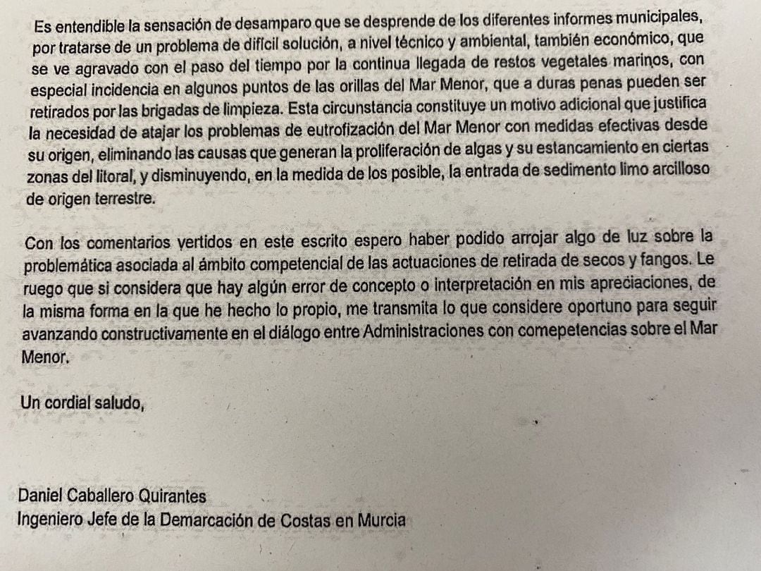 Texto final de la carta de Costas al gobierno de Murcia