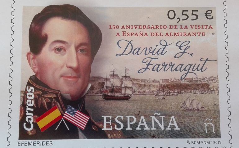 Sello conmemorativo del 150 aniversario del viaje de David Farragut a la isla de sus padres.