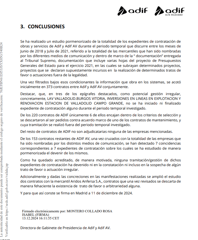 Imagen del informe de Adif en el que no halla irregularidades en las adjudicaciones en infraestructuras ferroviarias denunciadas por Aldama