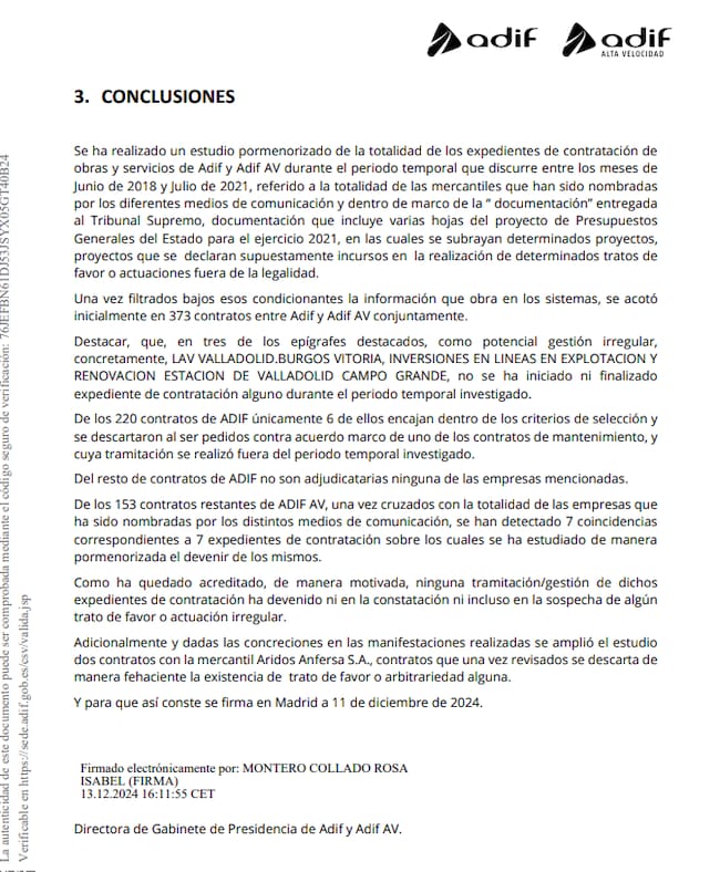 Imagen del informe de Adif en el que no halla irregularidades en las adjudicaciones en infraestructuras ferroviarias denunciadas por Aldama