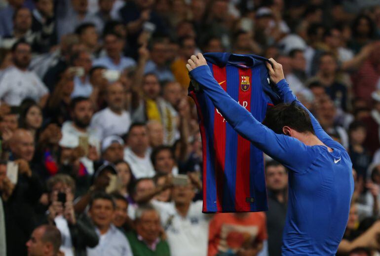 Spanish Liga Santander - Santiago Bernabeu, Madrid, Spain - 23/4/17 Barcelona&#039;s Lionel Messi celebrates scoring their third goal  Reuters / Stringer Livepic