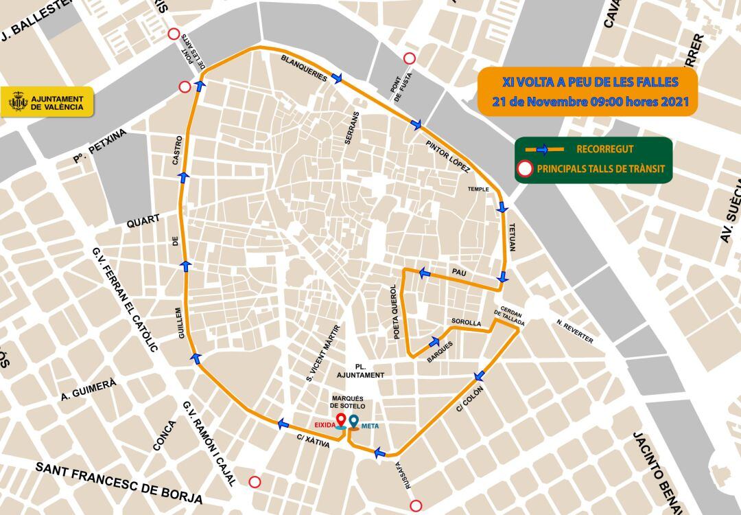 El centro de la ciudad sufrirá este domingo cortes al tráfico por la Volta a Peu de les Falles de 2021. 