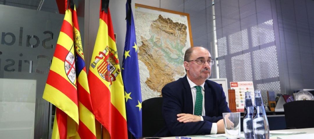 Javier Lambán, en el transcurso de la videoconferencia de presidentes