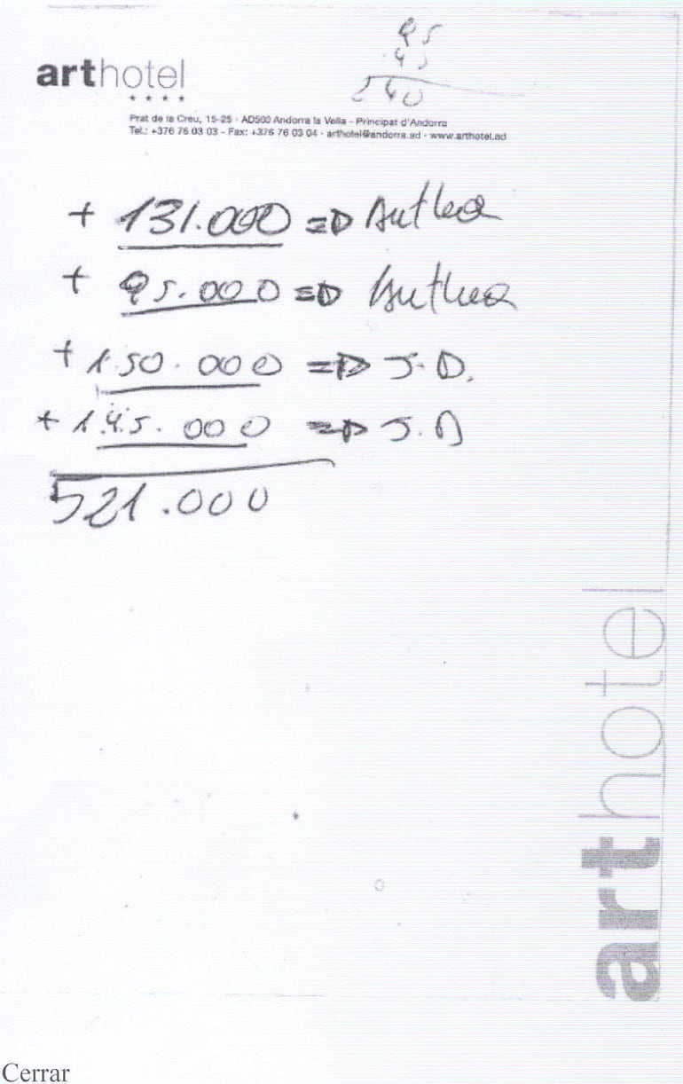El empresario ha presentado una servilleta de un hotel de Andorra como prueba manuscrita de su administrador que justificaría el movimiento de dinero desde Andorra para los supuestos pagos a José Blanco.