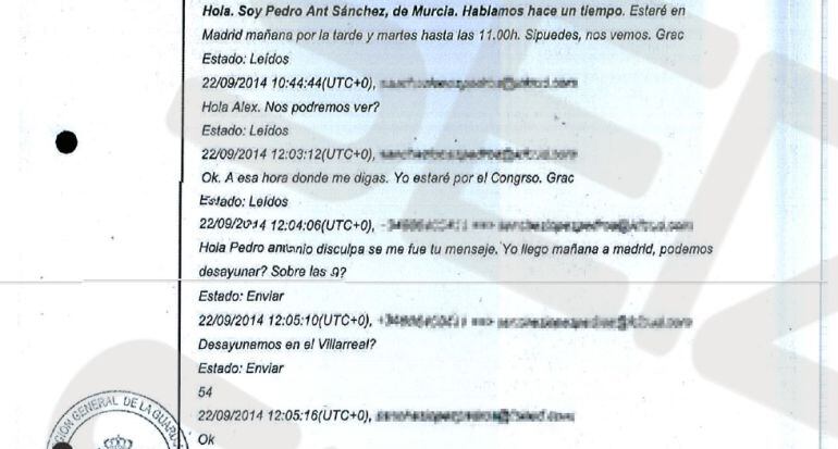 Comunicaciones vía imessages entre Pedro Antonio Sánchez y Alejandro de Pedro incluidos en el informe de la Guardia Civil.