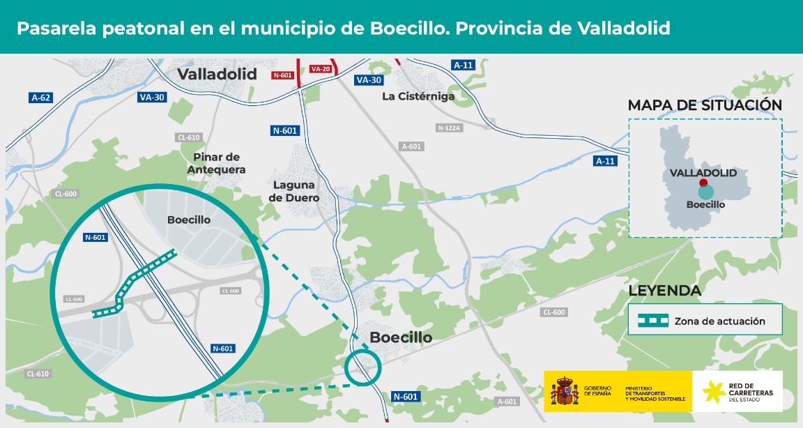Transportes licita por tres millones la construcción de una pasarela peatonal en Boecillo sobre la N-601 y la CL-600