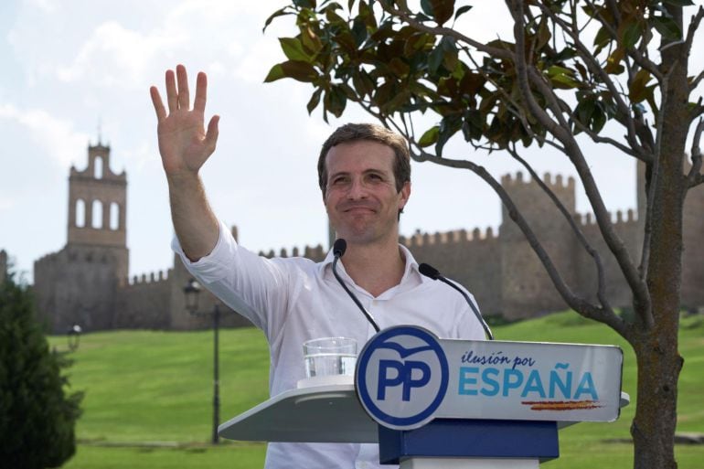 El presidente del PP, Pablo Casado, durante el acto celebrado hoy en Ávila para dar comienzo al curso político. 