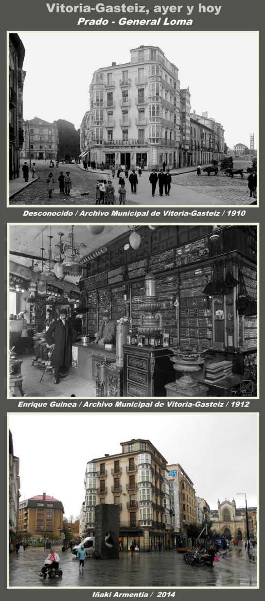 La esquina de la plaza General Loma en 1910 y en la actualidad, y el interior de la ferretería Guinea en 1912