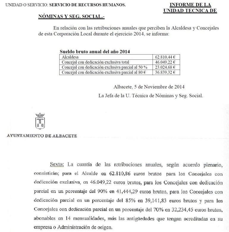 Arriba, los sueldos en la anterior corporación, según la web municipal. Abajo, extracto de la resolución de alcaldía del 15 de junio a la que ha tenido acceso Radio Albacete