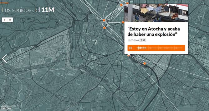 Ejemplo de mapa interactivo diseñado por la empresa CartoDb sobre el atentado del 11-M en Madrid