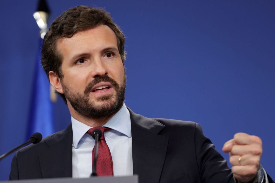 El presidente del Partido Popular, Pablo Casado, hace balance del curso político este jueves en la sede de la formación, en Madrid.