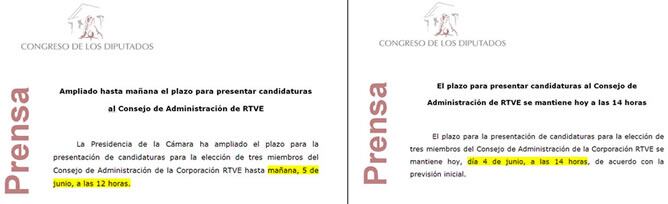 El plazo para presentar candidaturas al Consejo de Administración de RTVE se mantiene hasta las 14:00 de hoy, a pesar de que, en nota de prensa, se amplió el plazo anteriormente hasta mañana