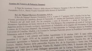 Texto del nombramiento del nuevo Obispo de Palencia por parte del Papa