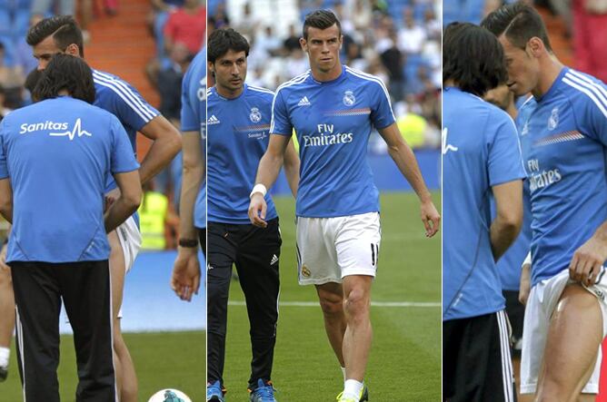 Gareth Bale, extremo internacional galés del Real Madrid, tras sufrir un problema muscular en el calentamiento del partido liguero ante el Getafe, minutos antes de su debut en el estadio Santiago Bernabéu