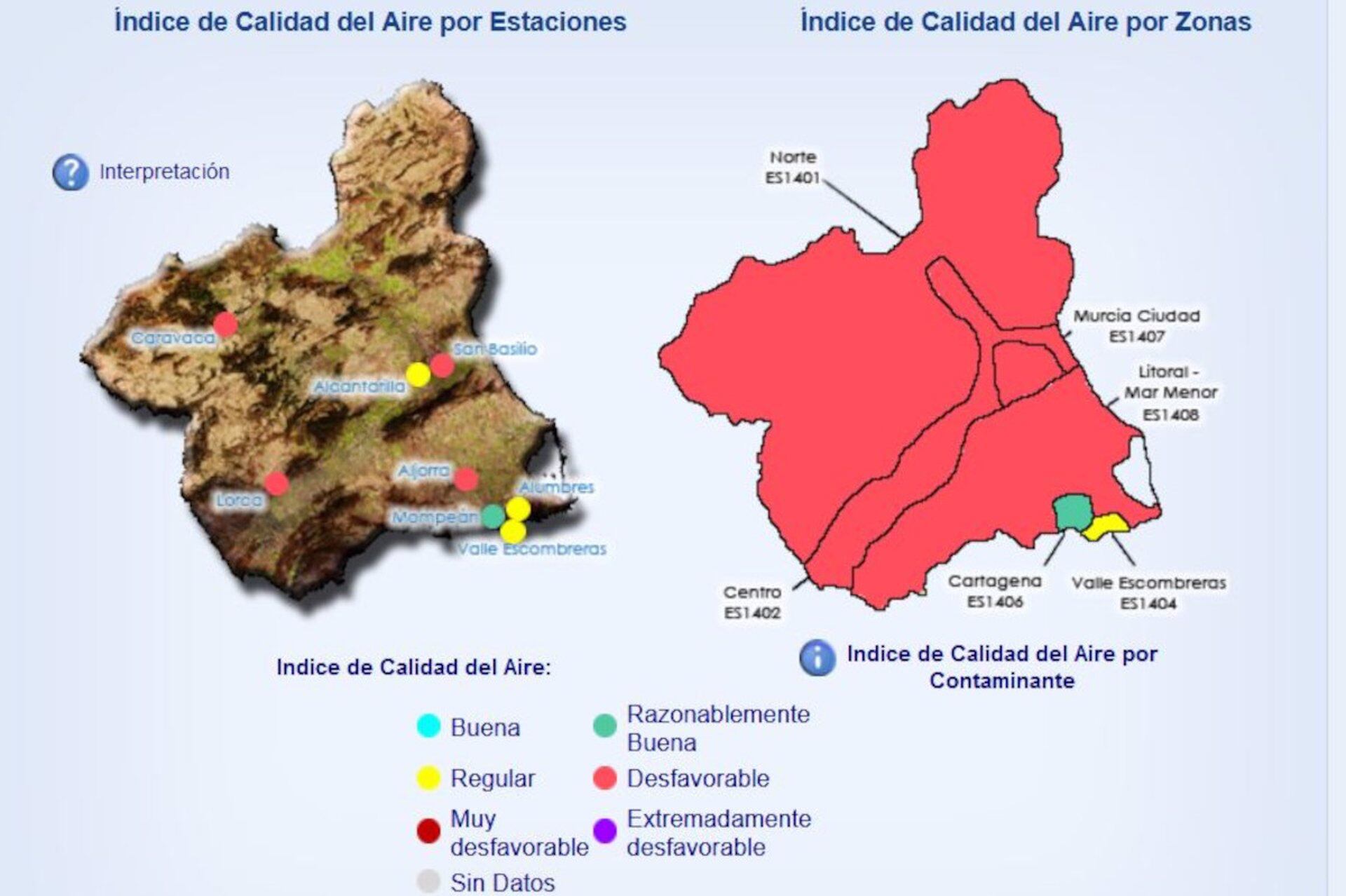 Mapa que muestra el índice de calidad del aire en el municipio de Cartagena.