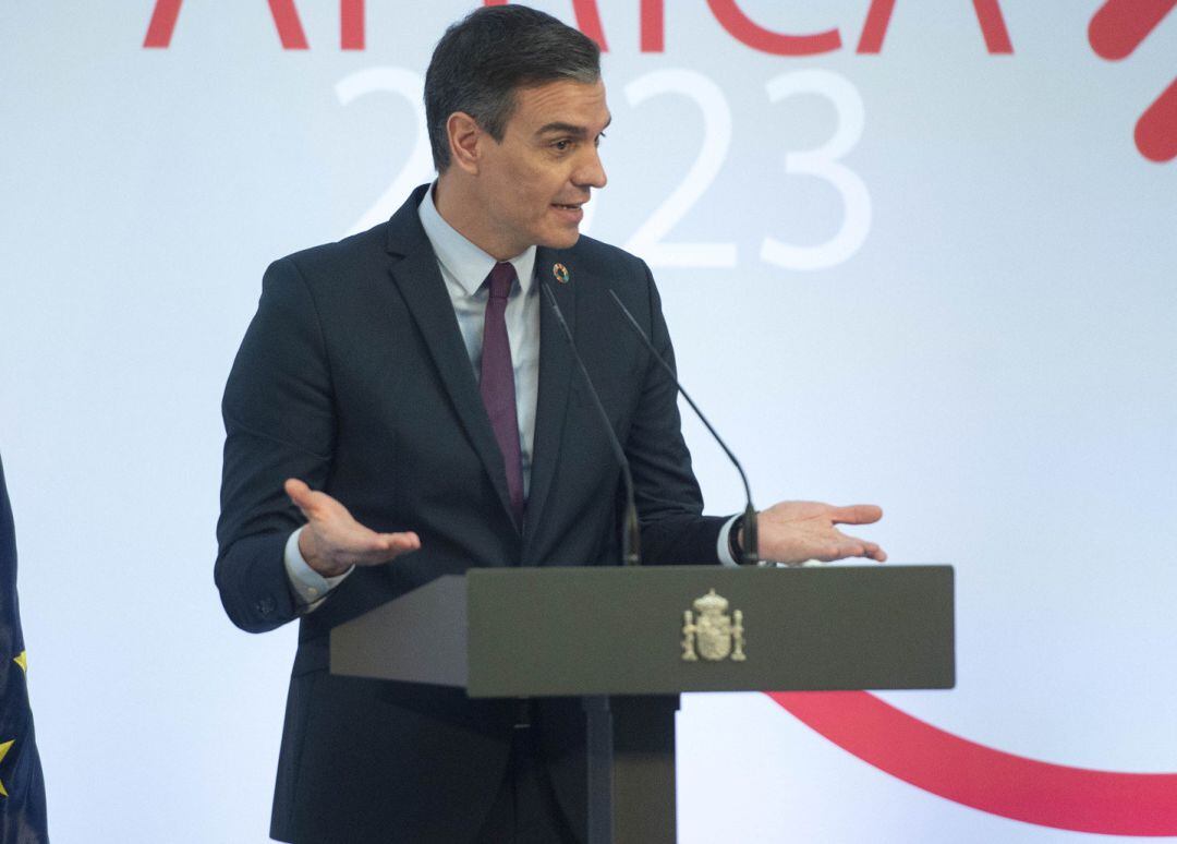 El presidente del Gobierno, Pedro Sánchez, interviene durante la presentación del plan estratégico Foco África 2023, en Moncloa, este lunes.