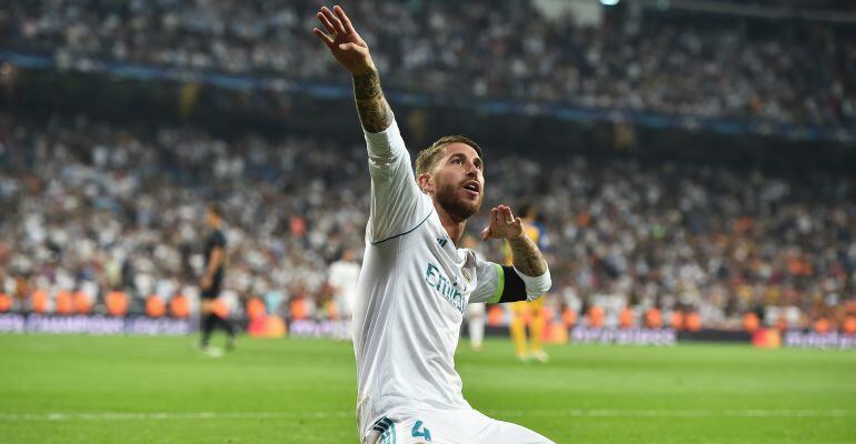 Sergio Ramos celebra el gol que marcó ante el Apoel en la primera jornada de la presente Champions League