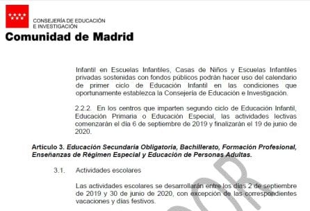 Borrador de la consejería de educación con el calendario escolar del próximo curso