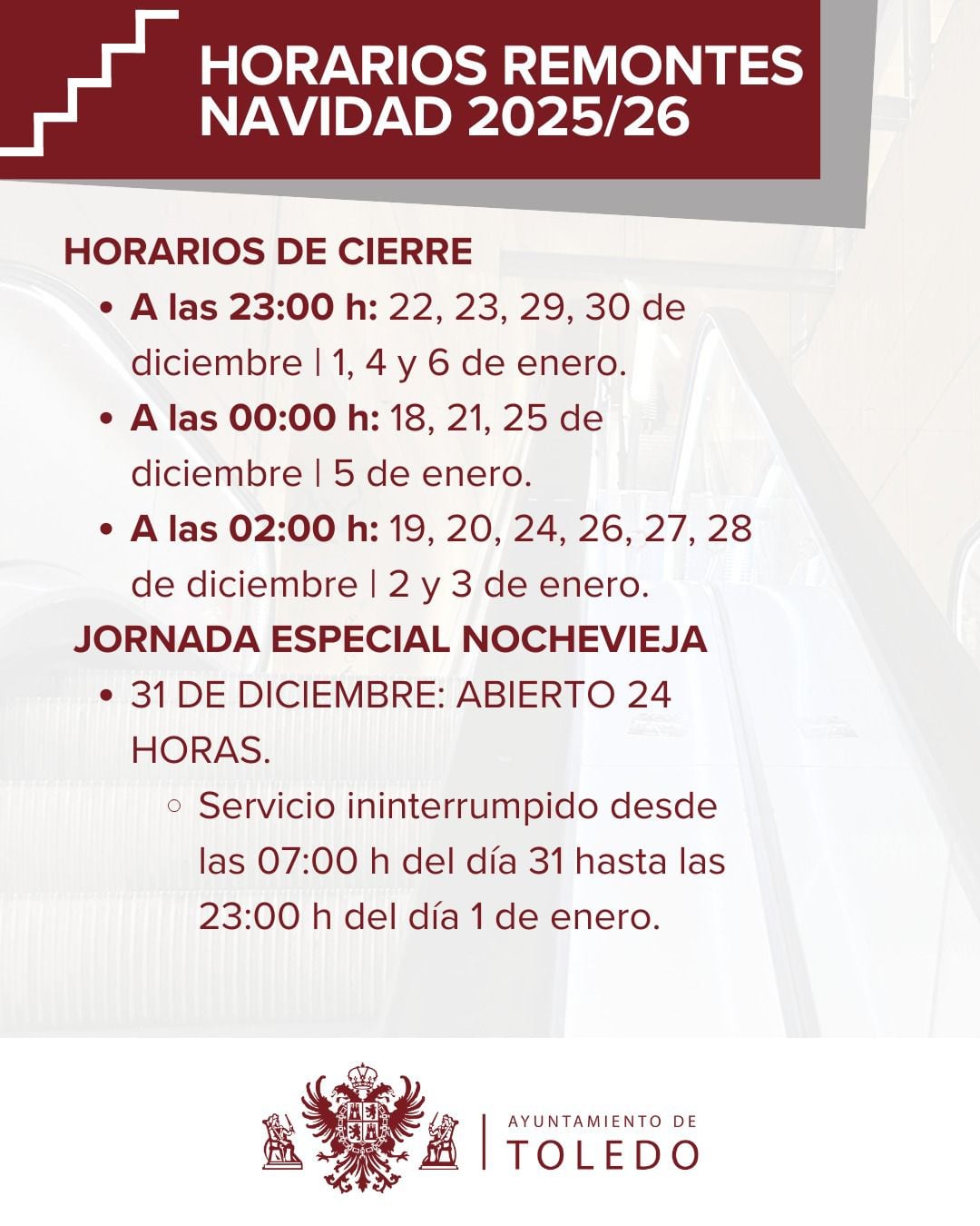 Horarios de las escaleras mecánicas en Navidad