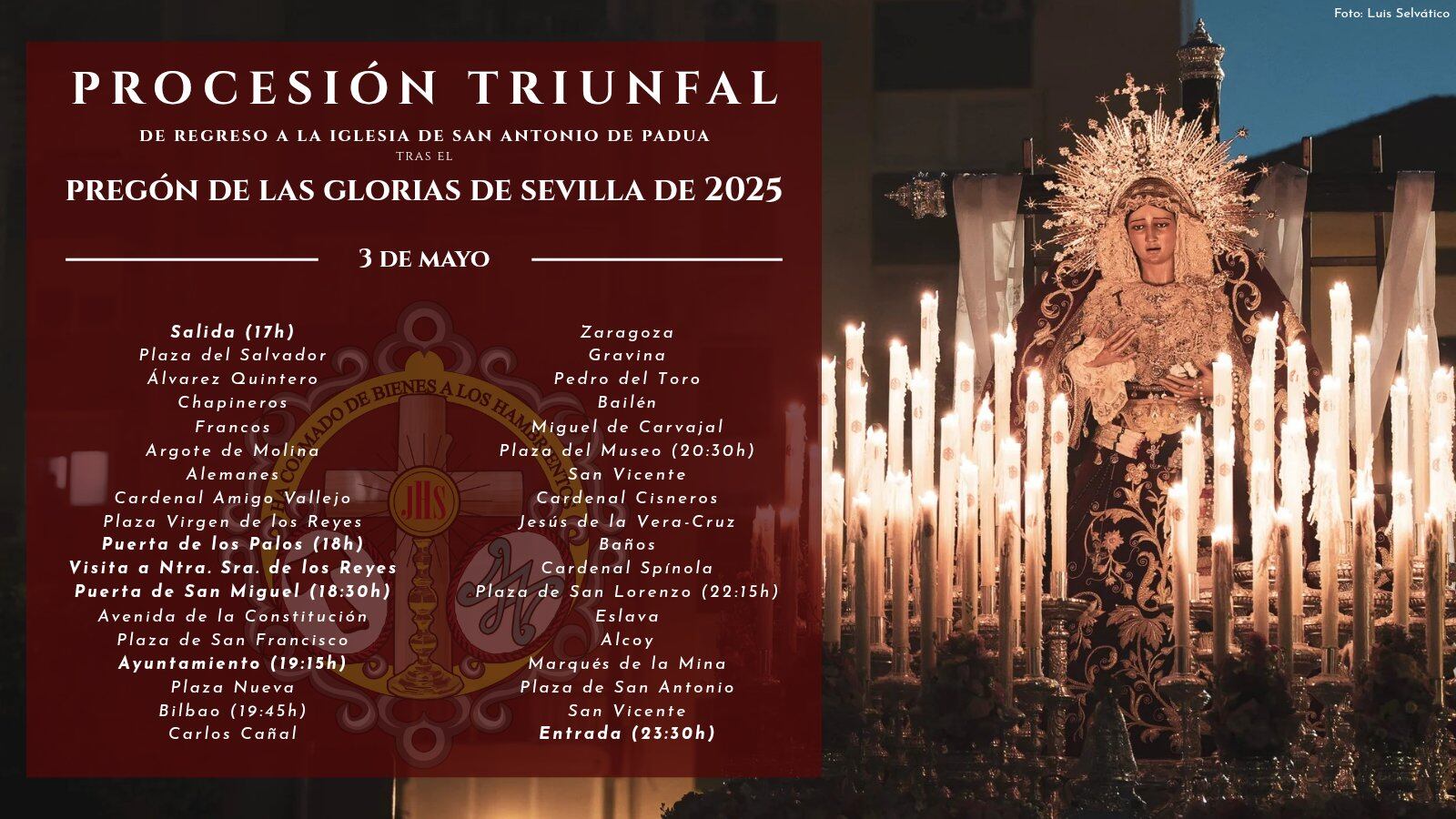 Recorrido de la procesión triunfal por las calles del centro de la Virgen de los Desamparados de Alcosa