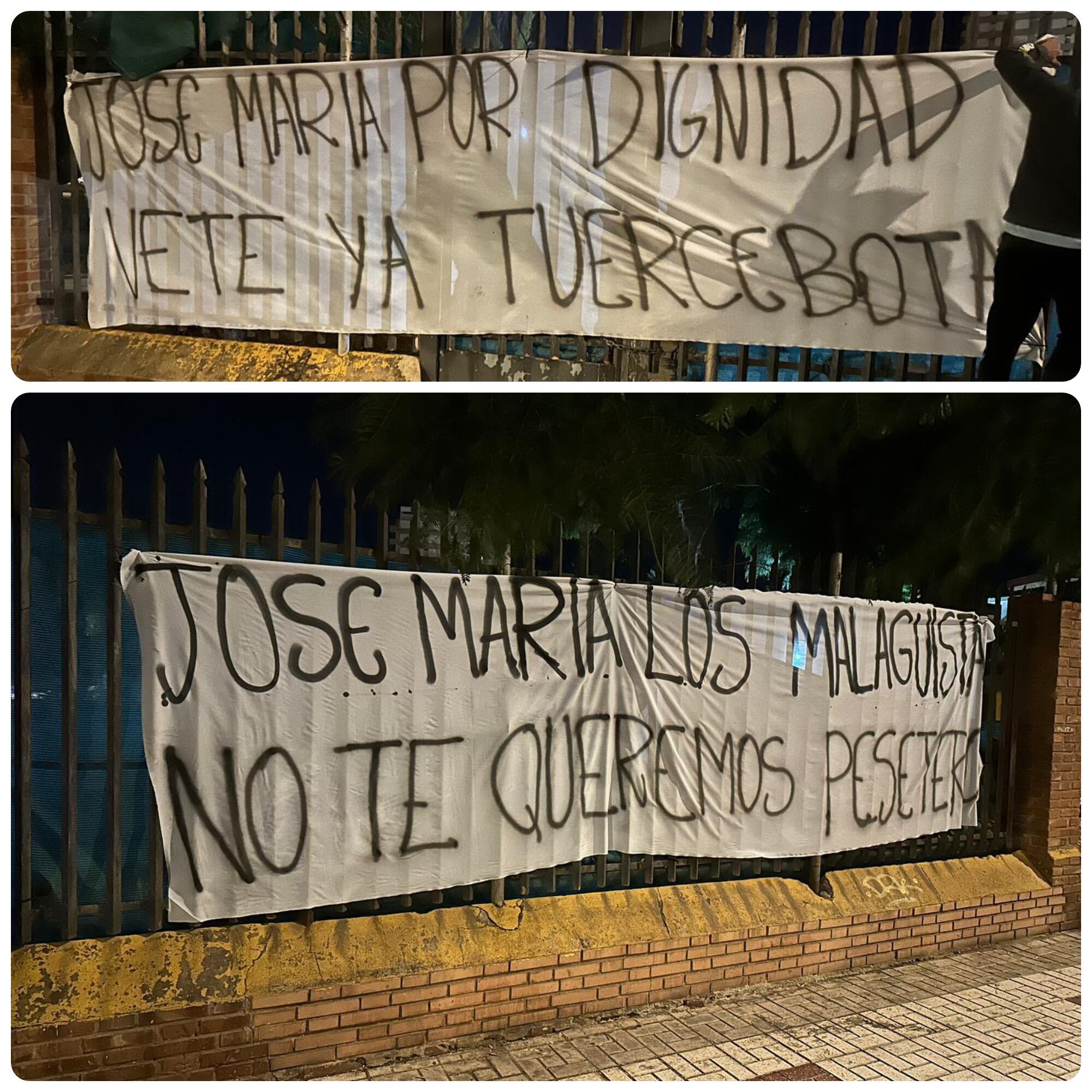 Mensajes contra José María Muñoz en la avenida de la Palmilla, frente a La Rosaleda