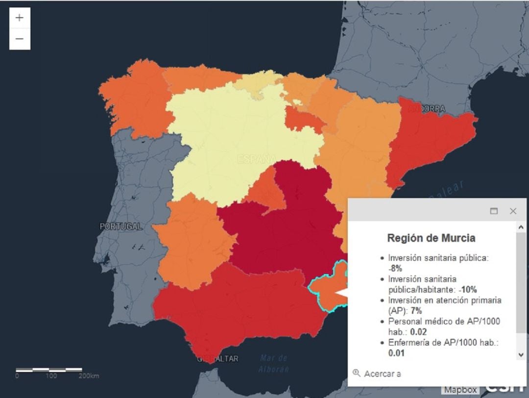 Mapa interactivo de España donde se pueden consultar por comunidades los datos del informe