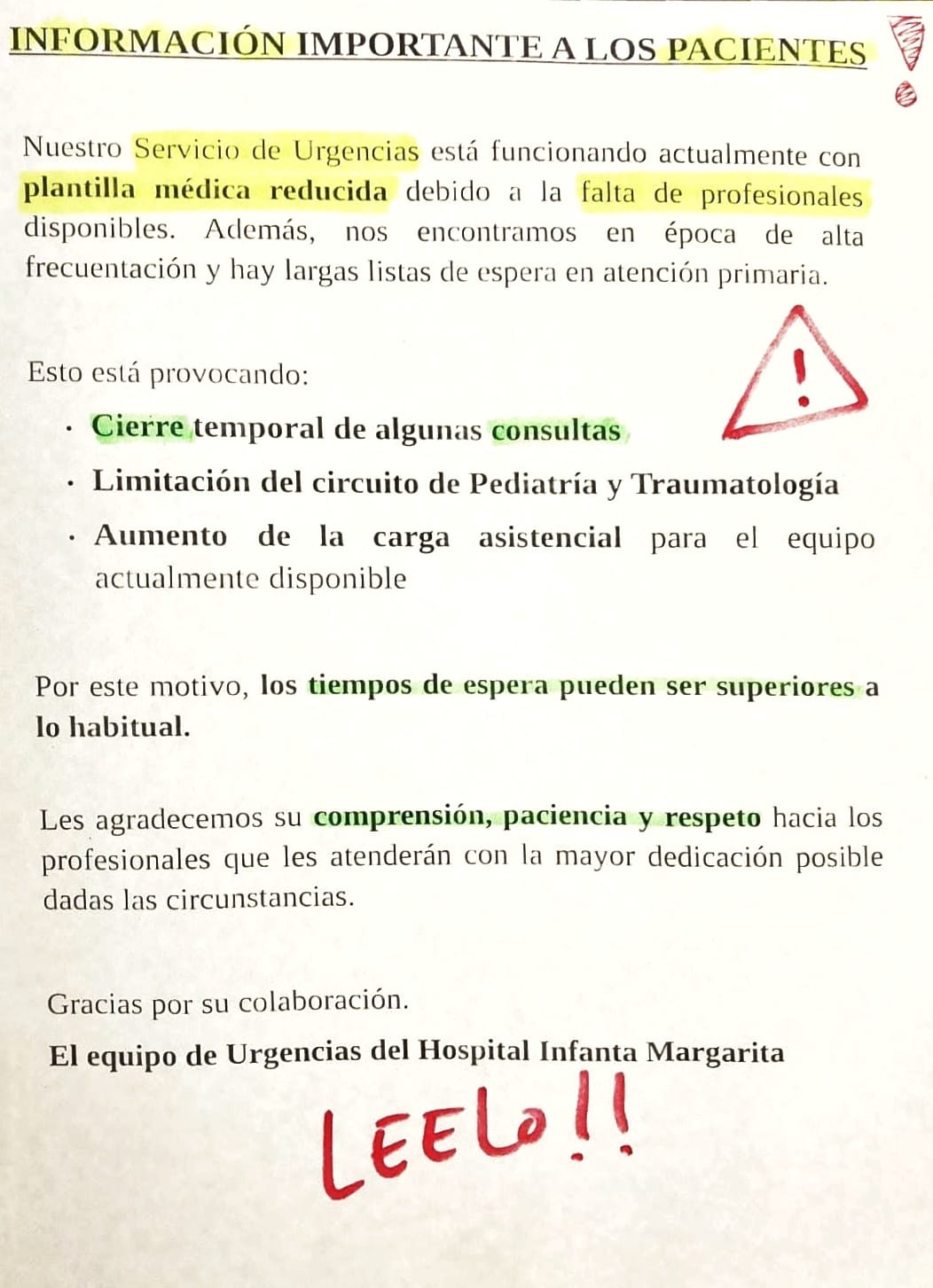 Cartel Informativo de los profesionales de Urgencias del Hospital Infanta Margarita para los pacientes
