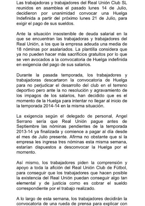 Imagen del comunicado que han hecho público hoy los trabajadores del Real Unión.