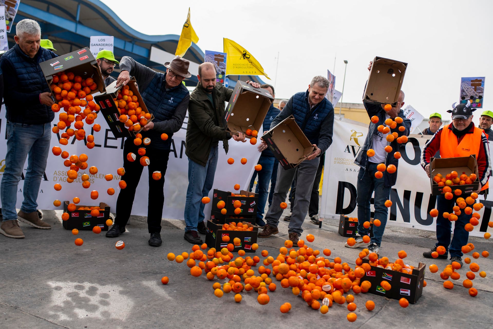 Representantes de las principales organizaciones agrarias vuelcan cajones de naranjas durante su primera protesta conjunta en la Comunitat Valenciana, una tractorada en el Puerto de Castellón, contra la competencia desleal de países terceros y la entrada de plagas y enfermedades, y para demandar un mayor control fitosanitario de las producciones procedentes de países terceros, reciprocidad en todos los nuevos acuerdos comerciales de la UE con terceros países, así como una revisión y un estudio del impacto de los acuerdos en vigor, sobre todo de Egipto, Sudáfrica y Marruecos.