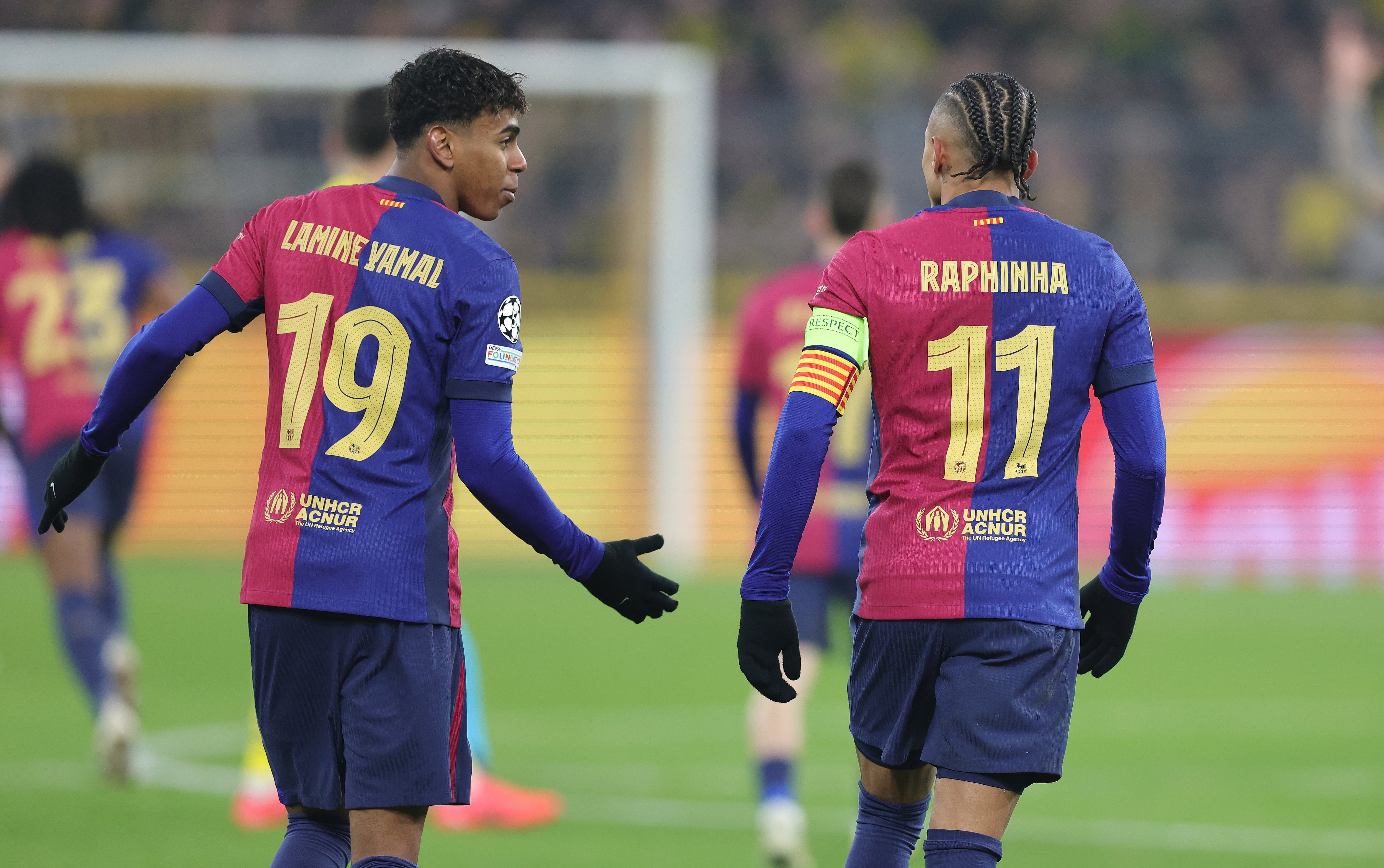 Lamine Yamal y Raphinha celebrando un gol