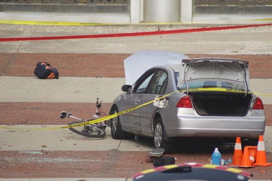 A car which police say was used by an attacker to plow into a group of students is seen outside Watts Hall on Ohio State University&#039;s campus in Columbus, Ohio, U.S. November 28, 2016. Courtesy of Mason Swires/thelantern.com/Handout via REUTERS ATTENTION E